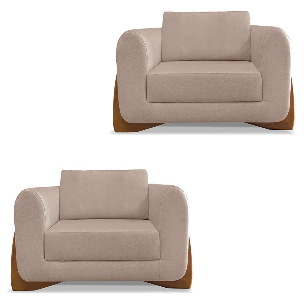 Kit 2 Poltronas Para Sala de Estar Lottus Linho Areia Pés Castanho - Pallazio