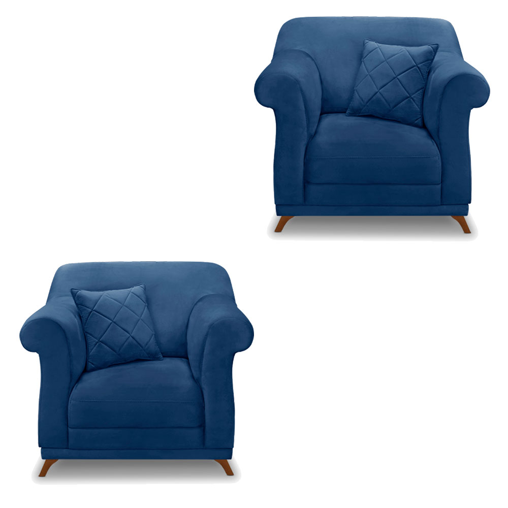 Kit 2 Poltronas Para Sala de Estar Vênus Suede Azul Marinho Pés Castanho - Pallazio