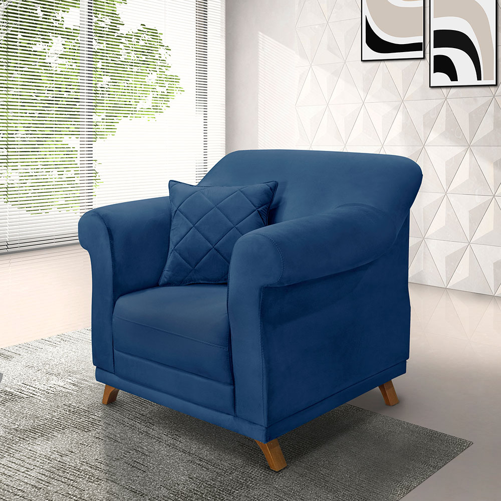 Kit 2 Poltronas Para Sala de Estar Vênus Suede Azul Marinho Pés Castanho - Pallazio