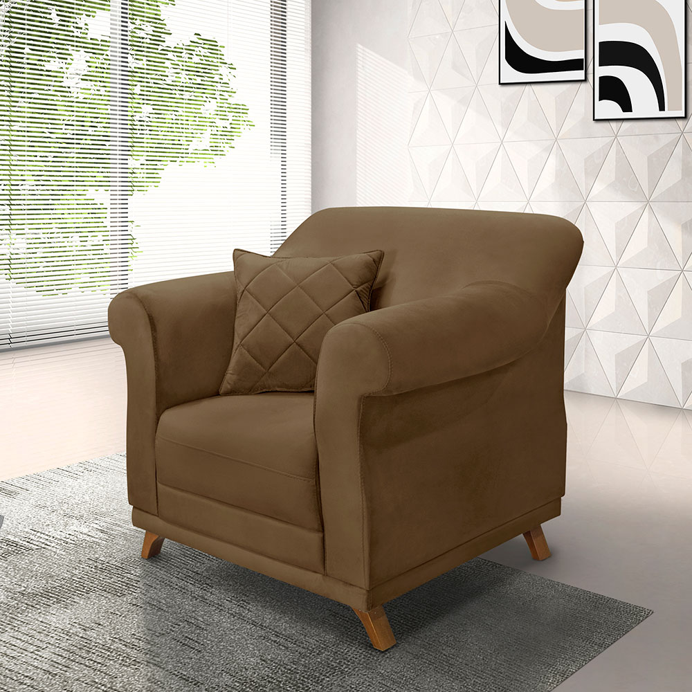 Kit 2 Poltronas Para Sala de Estar Vênus Suede Caramelo Pés Castanho - Pallazio