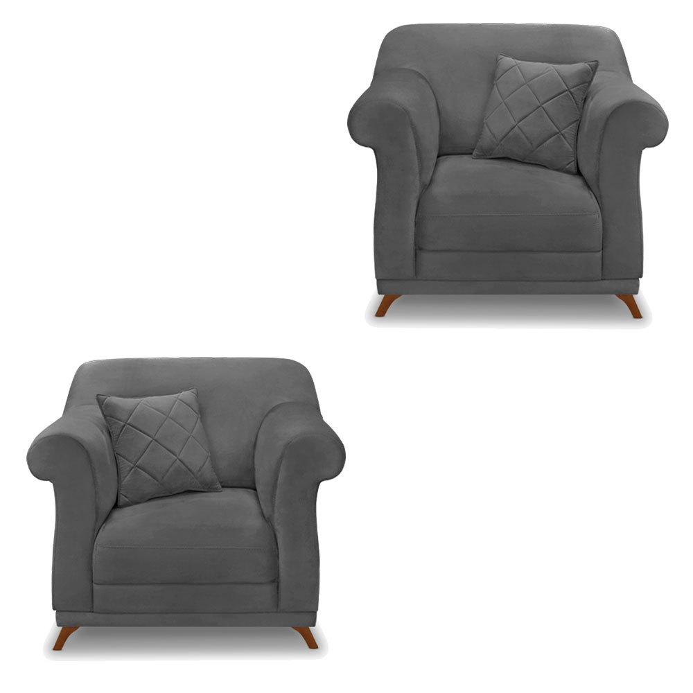 Kit 2 Poltronas Para Sala de Estar Vênus Suede Cinza Pés Castanho - Pallazio