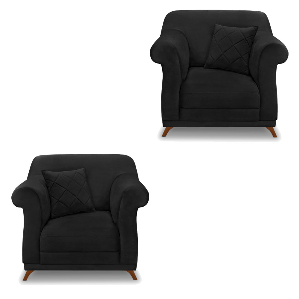 Kit 2 Poltronas Para Sala de Estar Vênus Suede Preto Pés Castanho - Pallazio