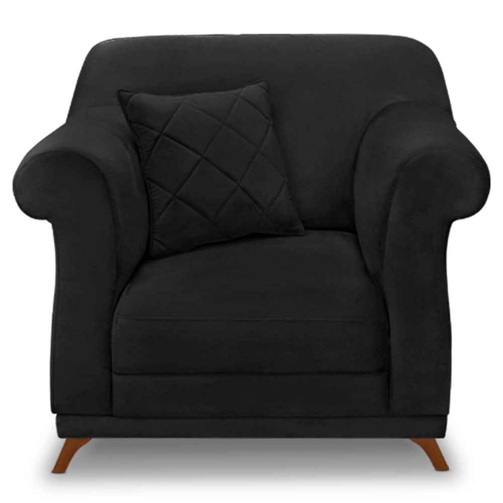 Kit 2 Poltronas Para Sala de Estar Vênus Suede Preto Pés Castanho - Pallazio