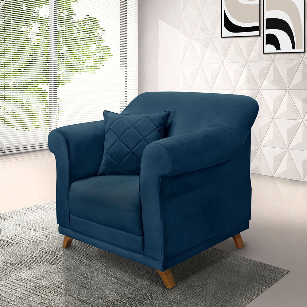 Kit 2 Poltronas Para Sala de Estar Vênus Veludo Azul Marinho Pés Castanho - Pallazio