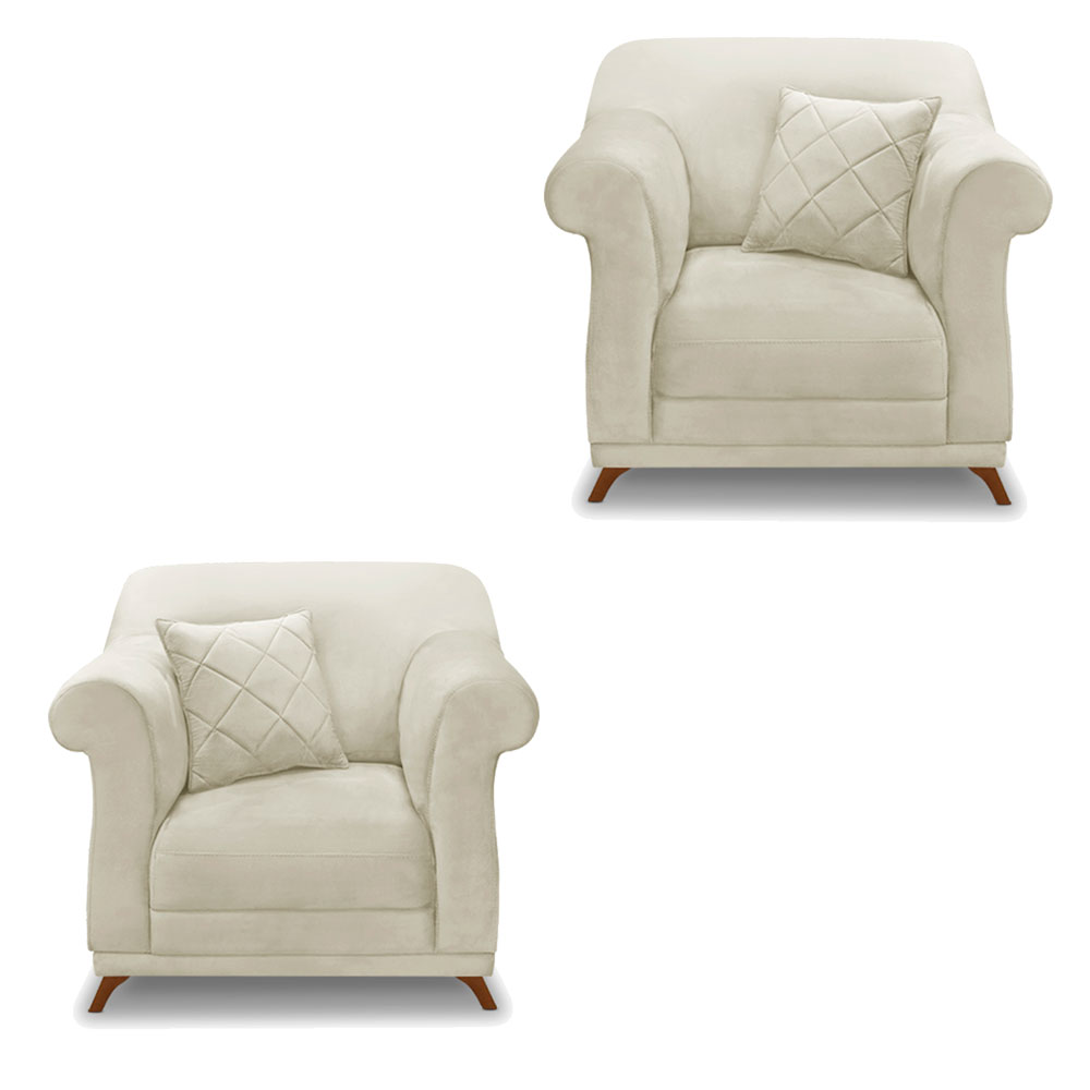 Kit 2 Poltronas Para Sala de Estar Vênus Veludo Bege Pés Castanho - Pallazio