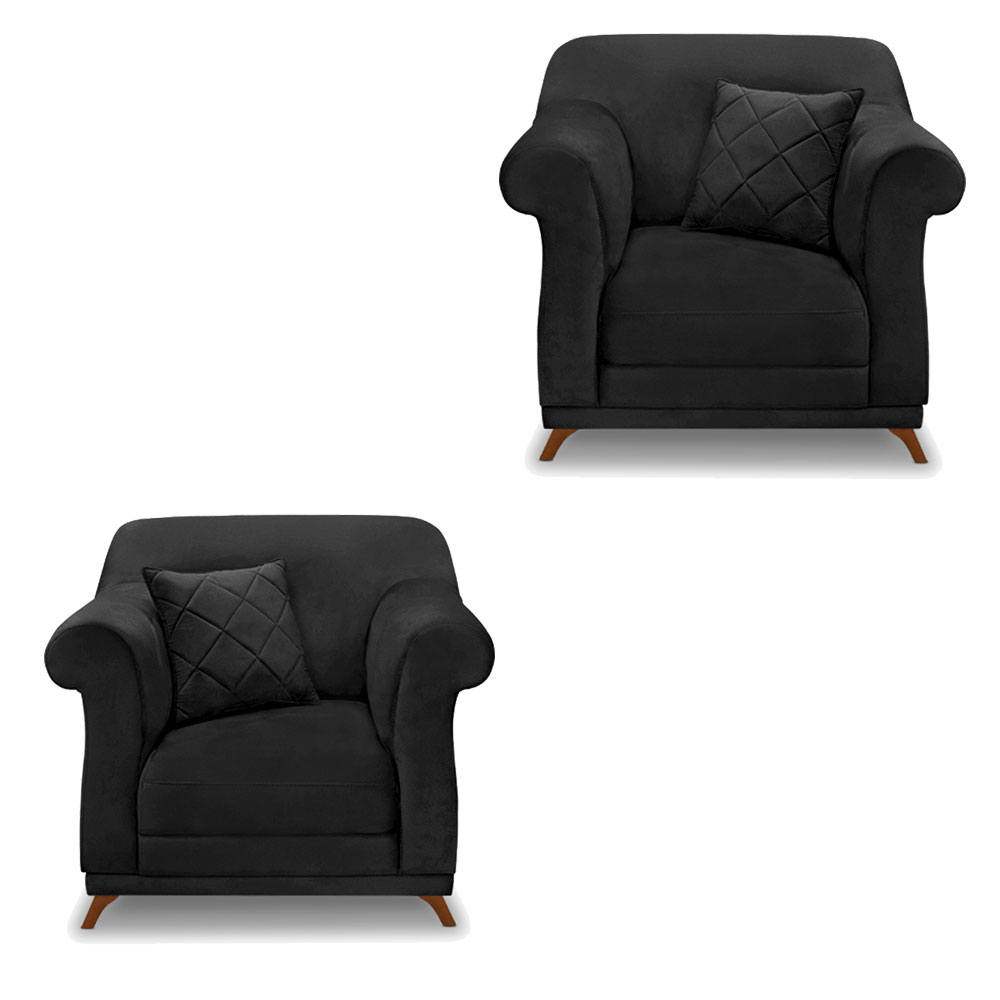 Kit 2 Poltronas Para Sala de Estar Vênus Veludo Preto Pés Castanho - Pallazio