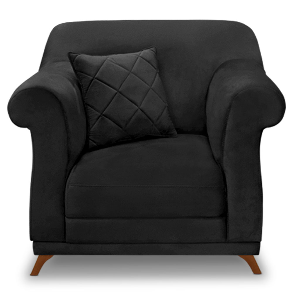 Kit 2 Poltronas Para Sala de Estar Vênus Veludo Preto Pés Castanho - Pallazio