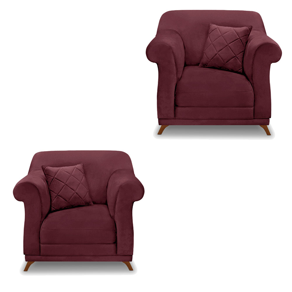 Kit 2 Poltronas Para Sala de Estar Vênus Veludo Vinho Pés Castanho - Pallazio