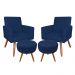 Kit 2 Poltronas e 2 Puffs Banqueta Redonda Nina Suede Azul Marinho Pés Palito Castanho - Pallazio
