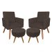 Kit 2 Poltronas e 2 Puffs Banqueta Redonda Nina Suede Marrom Pés Palito Castanho - Pallazio