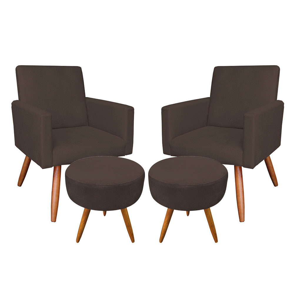 Kit 2 Poltronas e 2 Puffs Banqueta Redonda Nina Suede Marrom Pés Palito Castanho - Pallazio