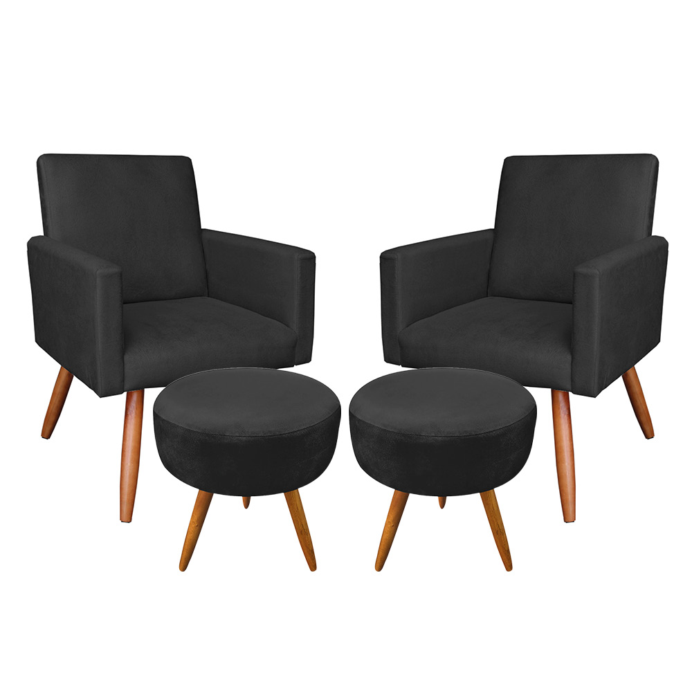 Kit 2 Poltronas e 2 Puffs Banqueta Redonda Nina Suede Preto Pés Palito Castanho - Pallazio