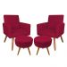 Kit 2 Poltronas e 2 Puffs Banqueta Redonda Nina Suede Vermelho Pés Palito Castanho - Pallazio