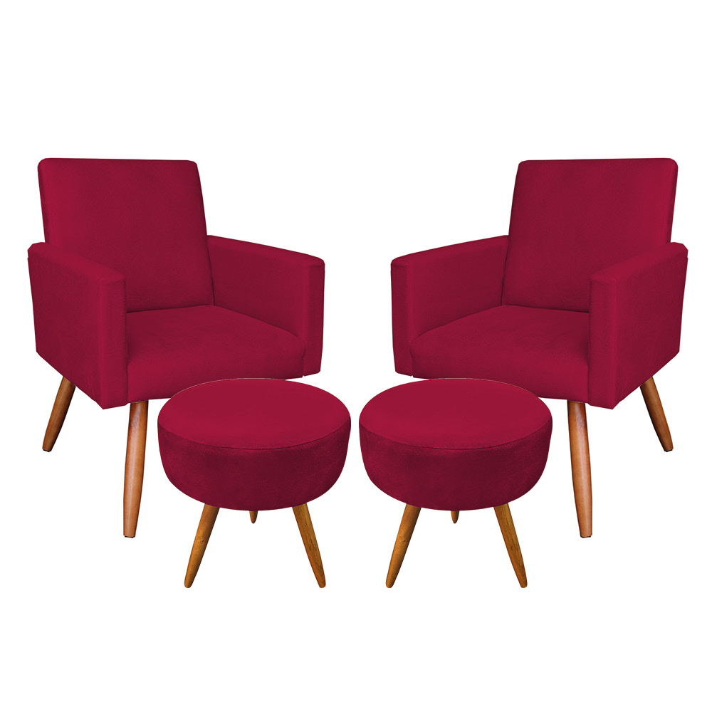 Kit 2 Poltronas e 2 Puffs Banqueta Redonda Nina Suede Vermelho Pés Palito Castanho - Pallazio