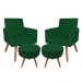 Kit 2 Poltronas e 2 Puffs Banqueta Redonda Nina Veludo Verde Pés Palito Castanho - Pallazio