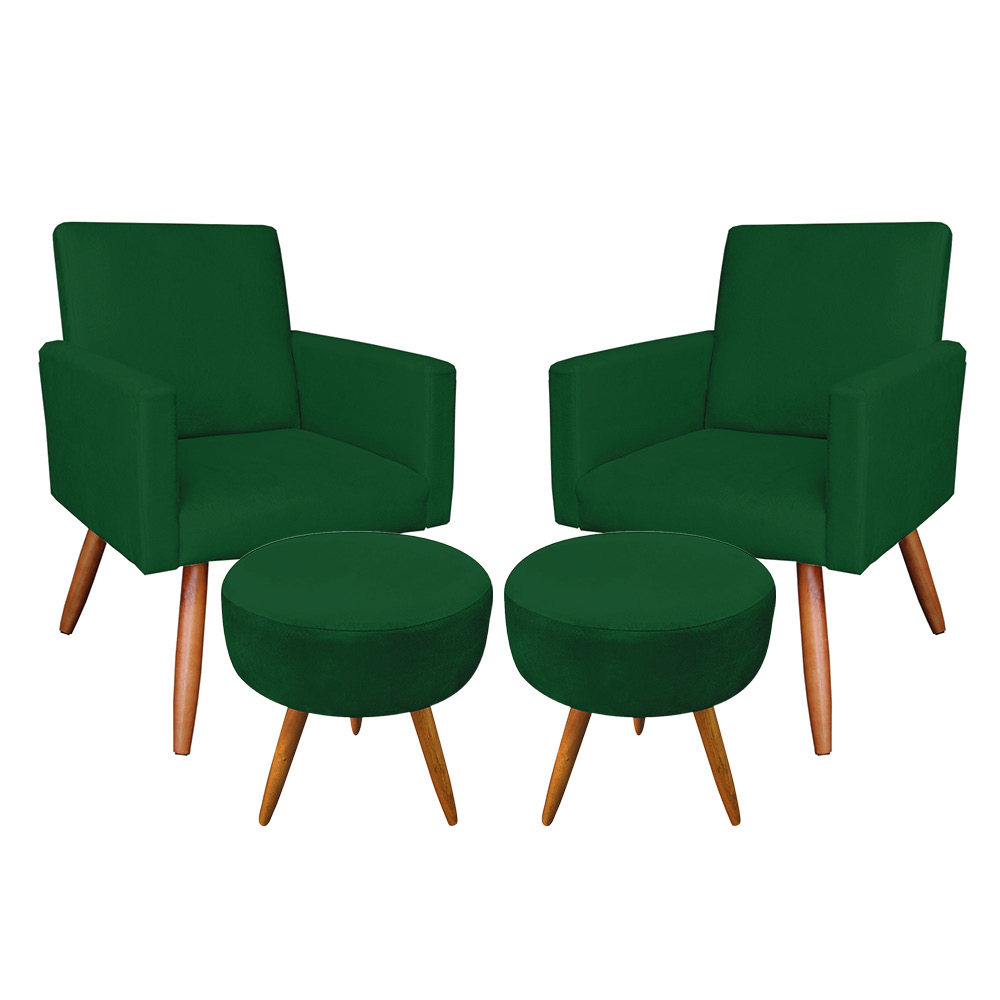 Kit 2 Poltronas e 2 Puffs Banqueta Redonda Nina Veludo Verde Pés Palito Castanho - Pallazio
