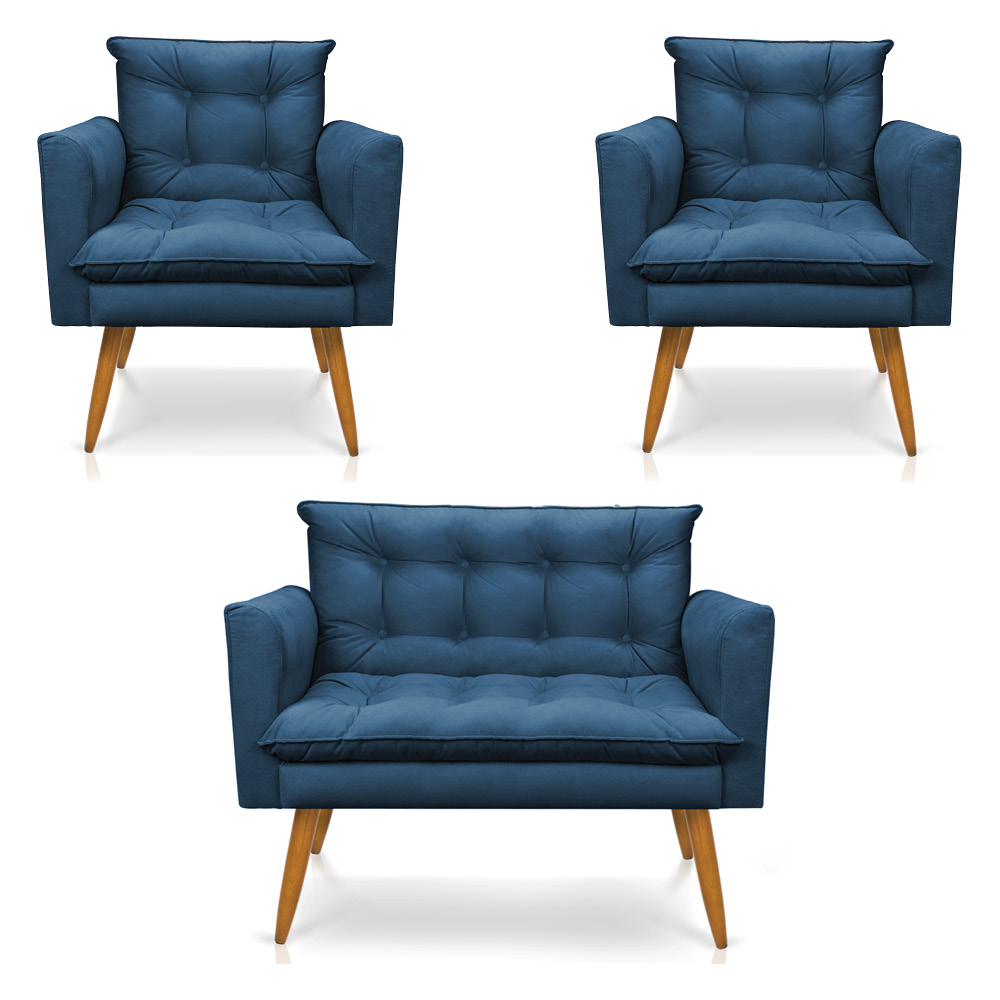 Kit 2 Poltronas e Namoradeira 2 Lugares Olivia Suede Azul Marinho Pés Palito Castanho - Pallazio