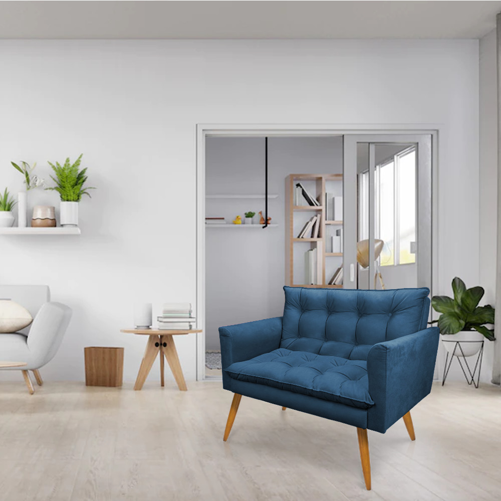 Kit 2 Poltronas e Namoradeira 2 Lugares Olivia Suede Azul Marinho Pés Palito Castanho - Pallazio