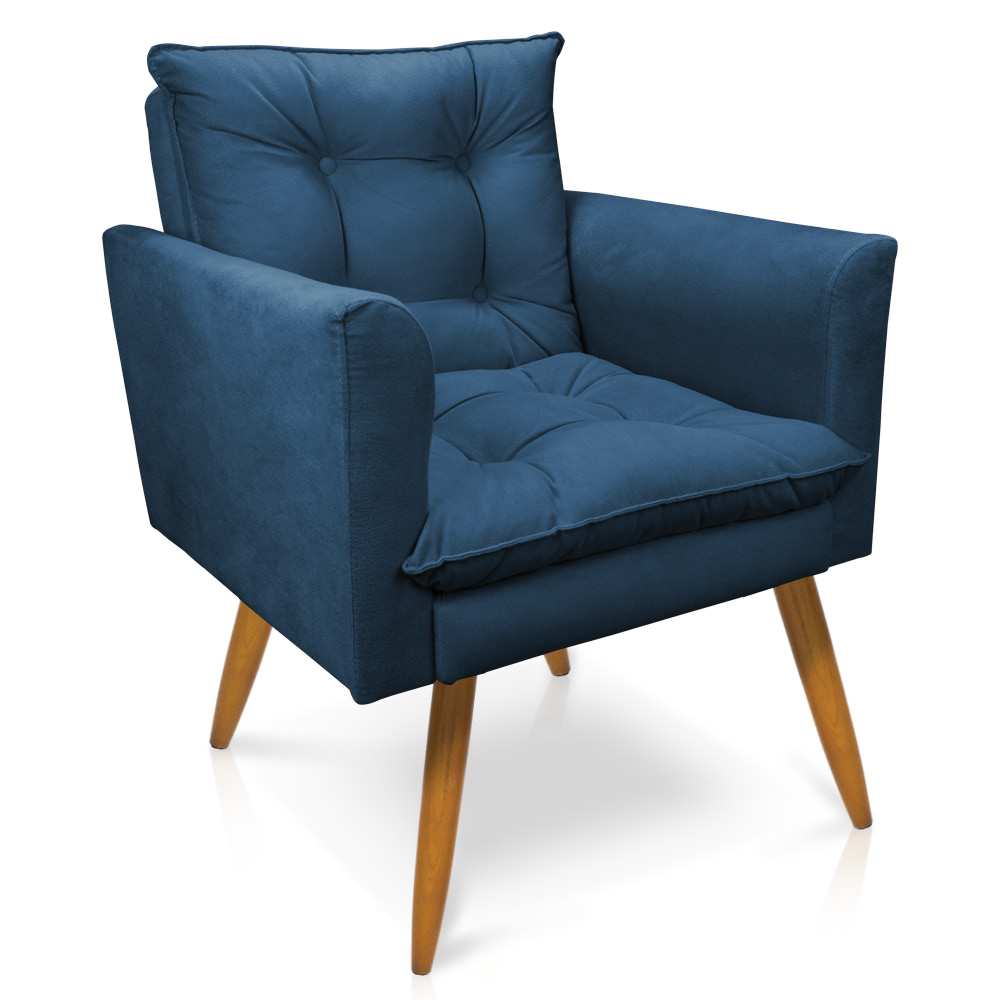 Kit 2 Poltronas e Namoradeira 2 Lugares Olivia Suede Azul Marinho Pés Palito Castanho - Pallazio