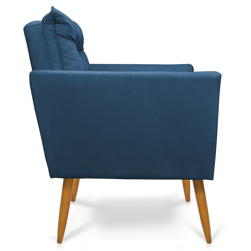 Kit 2 Poltronas e Namoradeira 2 Lugares Olivia Suede Azul Marinho Pés Palito Castanho - Pallazio