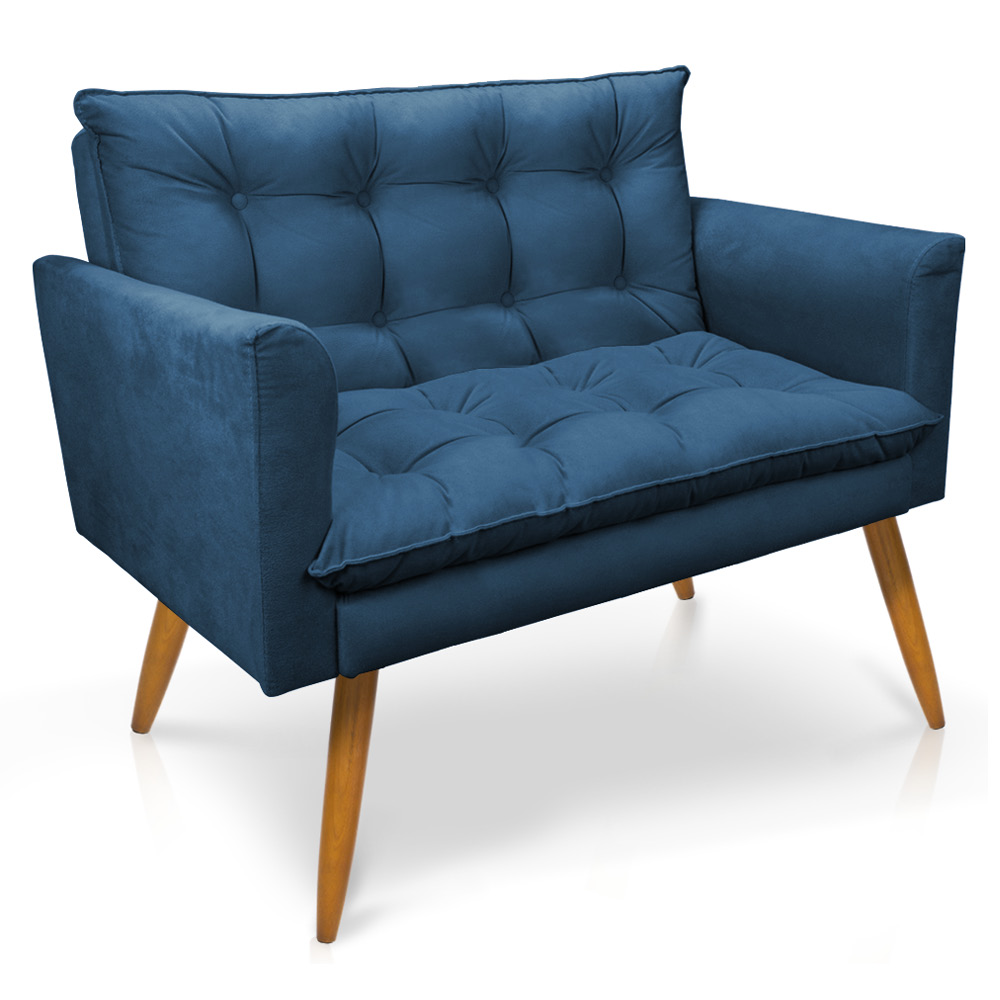 Kit 2 Poltronas e Namoradeira 2 Lugares Olivia Suede Azul Marinho Pés Palito Castanho - Pallazio