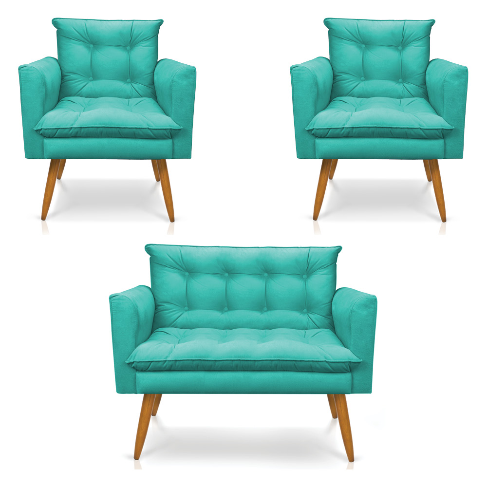 Kit 2 Poltronas e Namoradeira 2 Lugares Olivia Suede Azul Turquesa Pés Palito Castanho - Pallazio