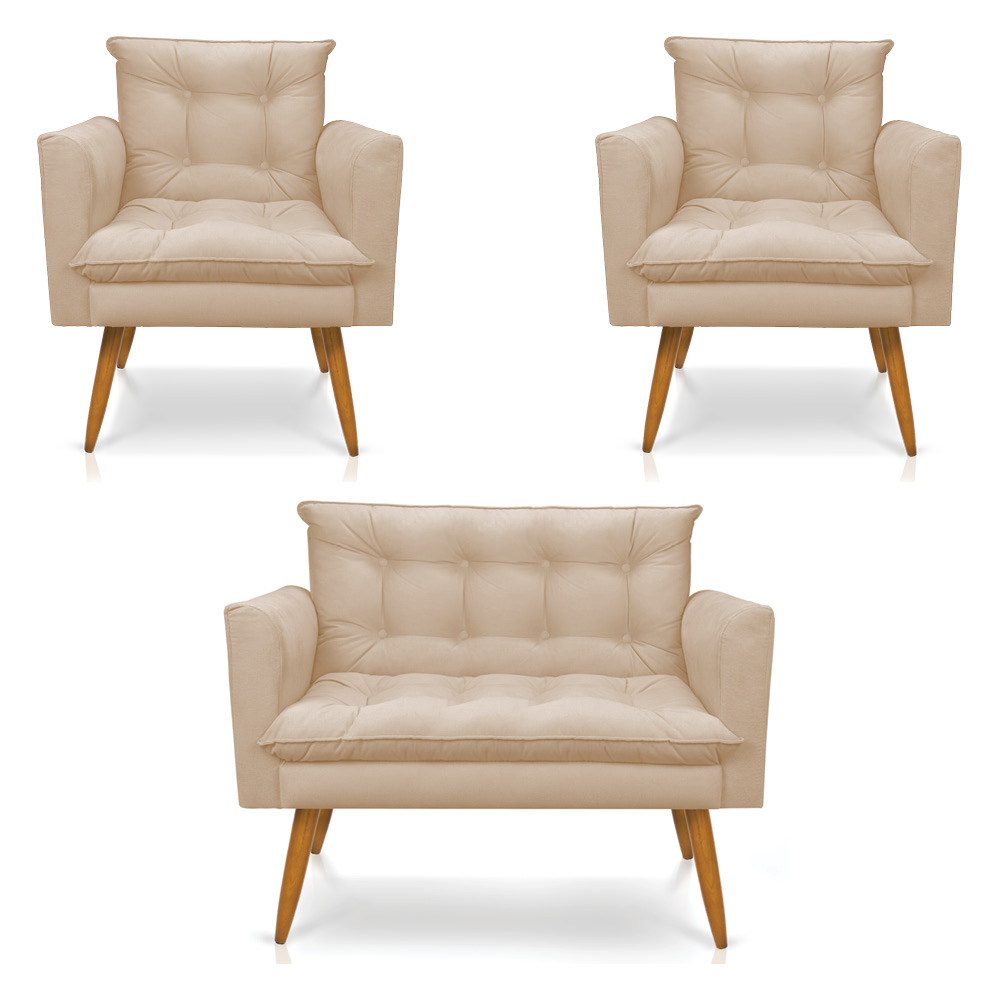 Kit 2 Poltronas e Namoradeira 2 Lugares Olivia Suede Bege Pés Palito Castanho - Pallazio