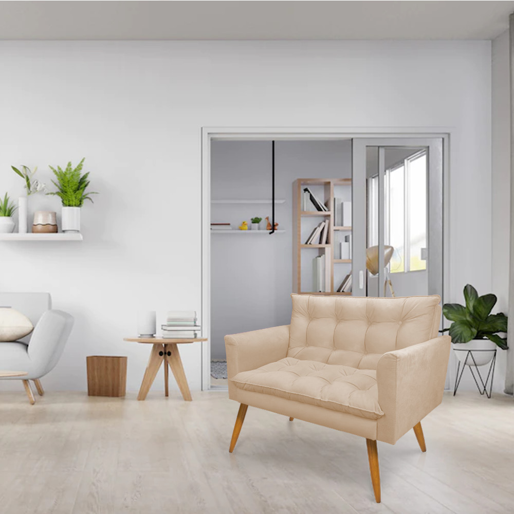 Kit 2 Poltronas e Namoradeira 2 Lugares Olivia Suede Bege Pés Palito Castanho - Pallazio