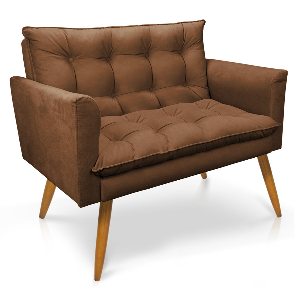 Kit 2 Poltronas e Namoradeira 2 Lugares Olivia Suede Marrom Pés Palito Castanho - Pallazio