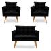 Kit 2 Poltronas e Namoradeira 2 Lugares Olivia Suede Preto Pés Palito Castanho - Pallazio