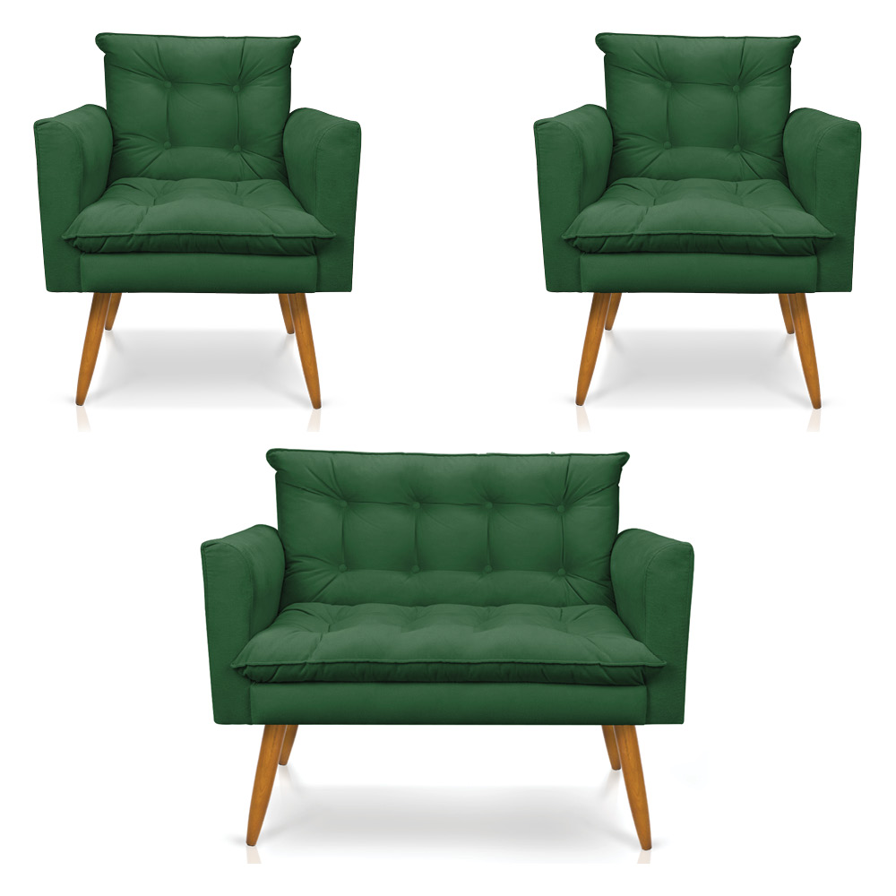 Kit 2 Poltronas e Namoradeira 2 Lugares Olivia Suede Verde Pés Palito Castanho - Pallazio