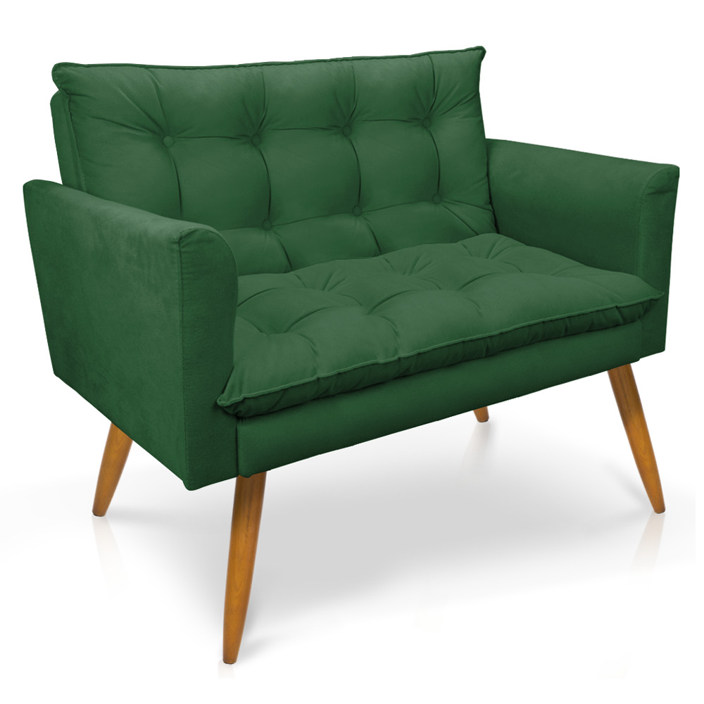 Kit 2 Poltronas e Namoradeira 2 Lugares Olivia Suede Verde Pés Palito Castanho - Pallazio