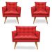 Kit 2 Poltronas e Namoradeira 2 Lugares Olivia Suede Vermelho Pés Palito Castanho - Pallazio