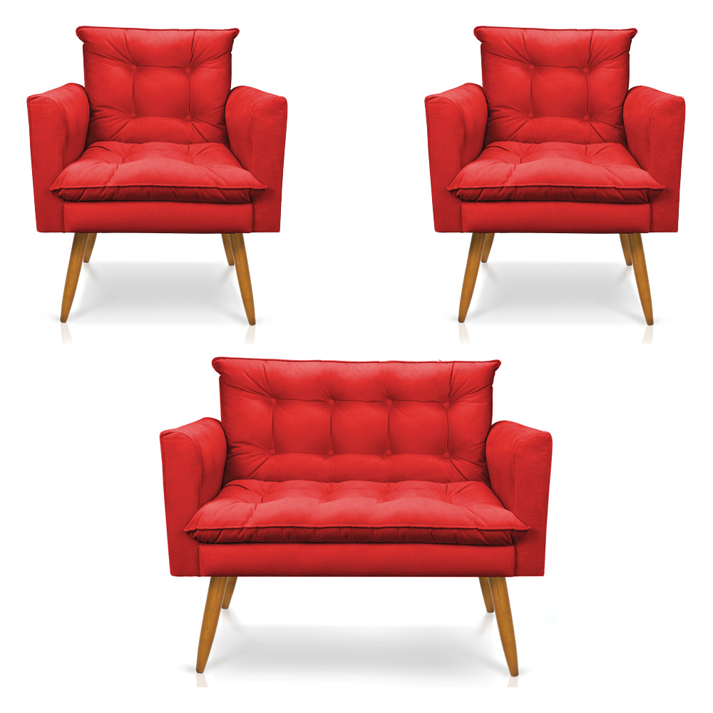 Kit 2 Poltronas e Namoradeira 2 Lugares Olivia Suede Vermelho Pés Palito Castanho - Pallazio