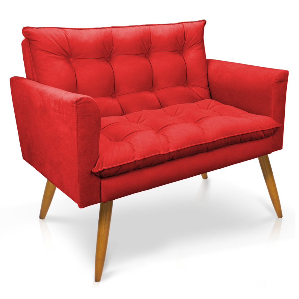 Kit 2 Poltronas e Namoradeira 2 Lugares Olivia Suede Vermelho Pés Palito Castanho - Pallazio
