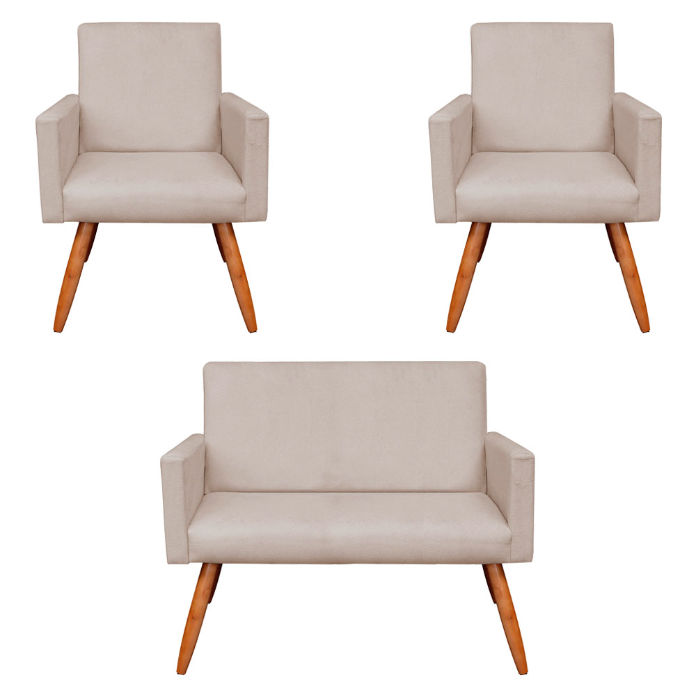 Kit 2 Poltronas e Namoradeira Nina Suede Pés Palito Castanho - Pallazio