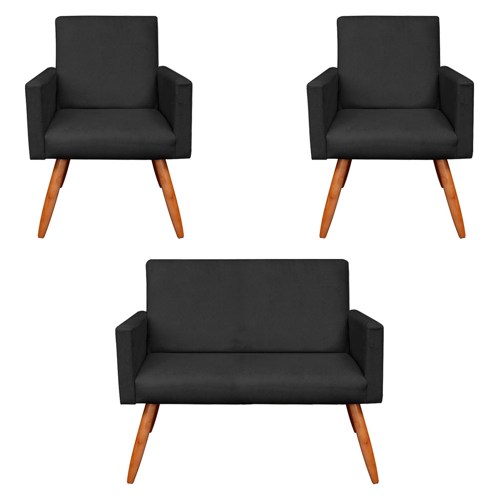 Kit 2 Poltronas e Namoradeira Nina Suede Preto Pés Palito Castanho - Pallazio