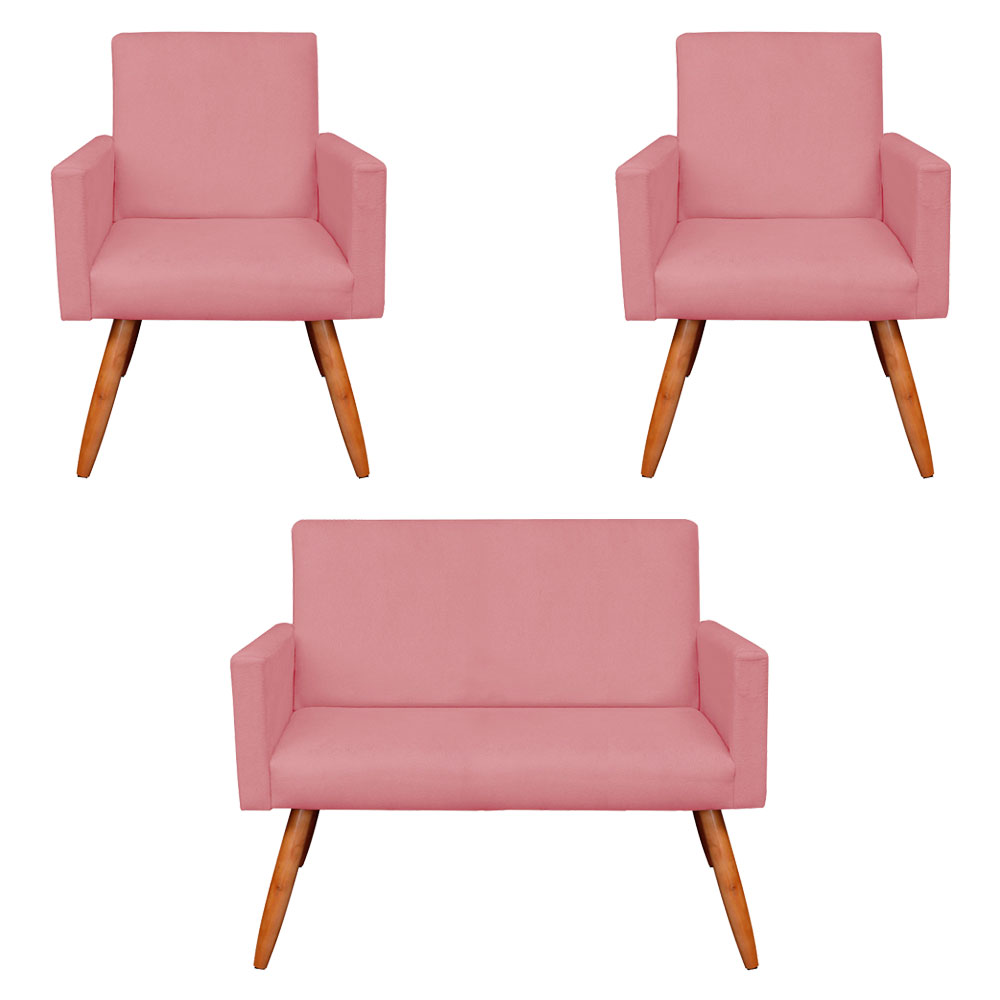 Kit 2 Poltronas e Namoradeira Nina Suede Rosê Pés Palito Castanho - Pallazio