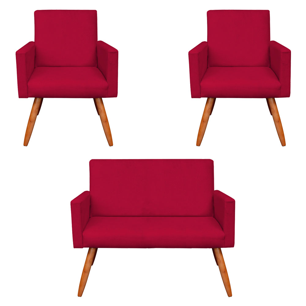 Kit 2 Poltronas e Namoradeira Nina Suede Vermelho Pés Palito Castanho - Pallazio