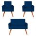 Kit 2 Poltronas e Namoradeira Nina Veludo Azul Marinho Pés Palito Castanho - Pallazio