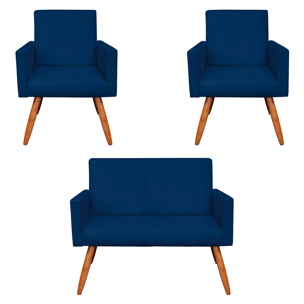 Kit 2 Poltronas e Namoradeira Nina Veludo Azul Marinho Pés Palito Castanho - Pallazio