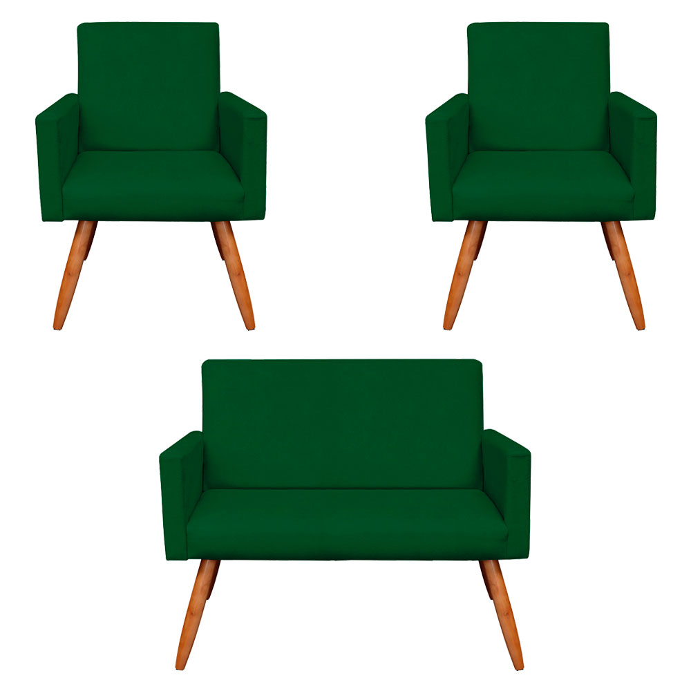 Kit 2 Poltronas e Namoradeira Nina Veludo Verde Pés Palito Castanho - Pallazio