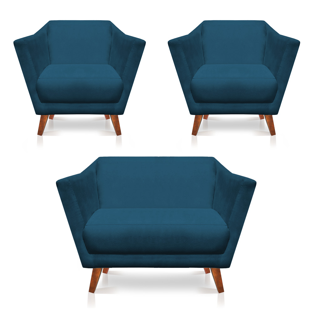 Kit 2 Poltronas e Namoradeira Pérsia Suede Azul Marinho Pés Chanfrado Castanho - Pallazio