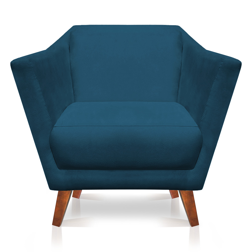 Kit 2 Poltronas e Namoradeira Pérsia Suede Azul Marinho Pés Chanfrado Castanho - Pallazio