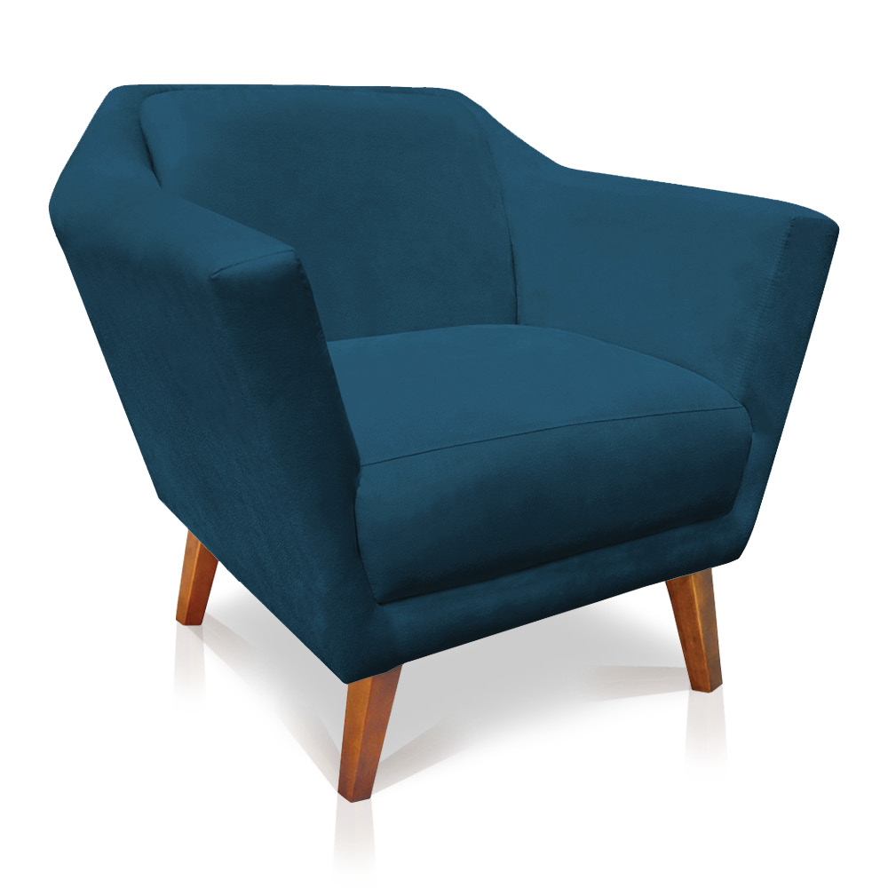 Kit 2 Poltronas e Namoradeira Pérsia Suede Azul Marinho Pés Chanfrado Castanho - Pallazio