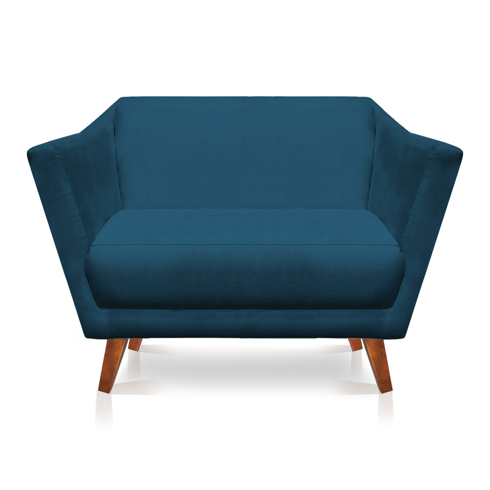 Kit 2 Poltronas e Namoradeira Pérsia Suede Azul Marinho Pés Chanfrado Castanho - Pallazio