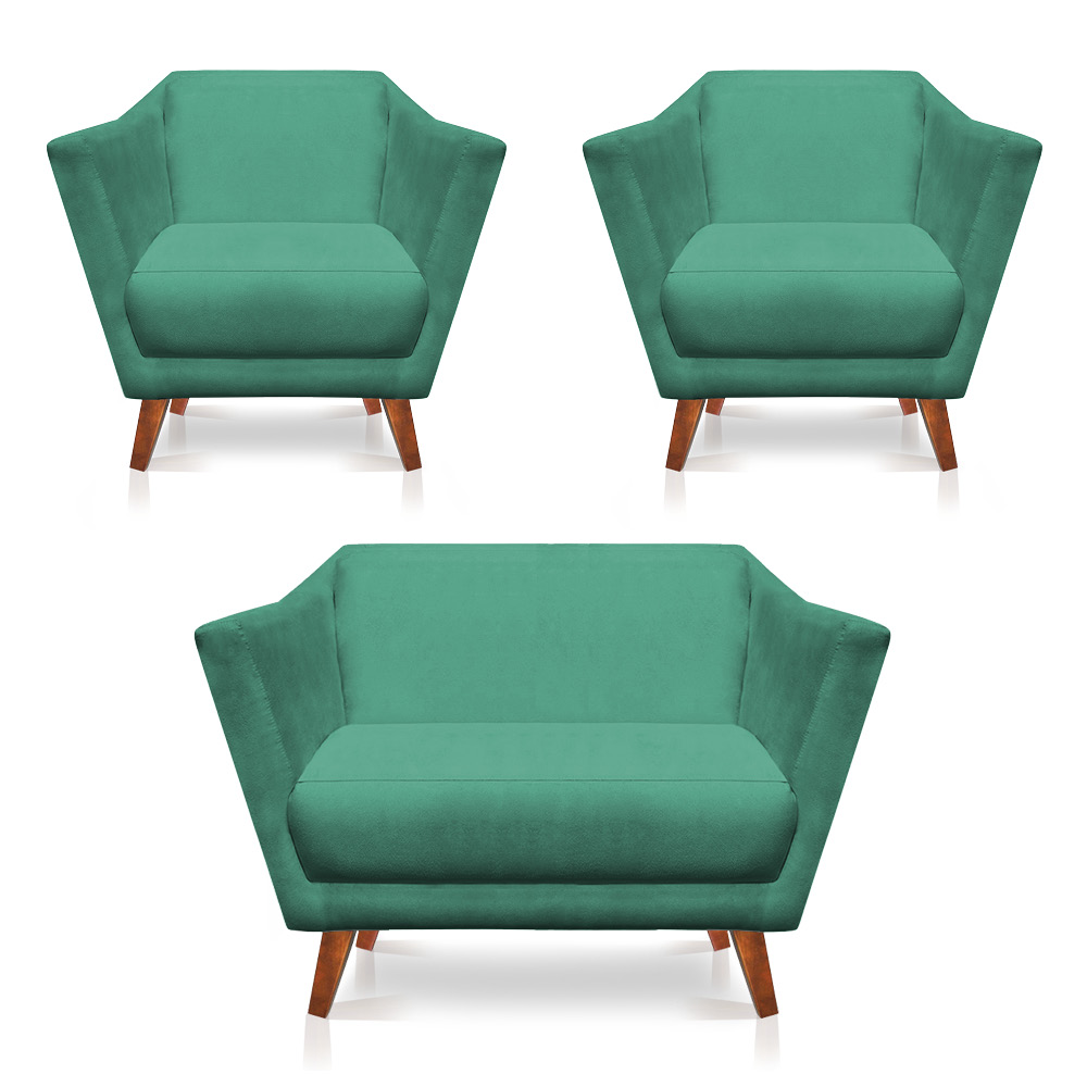 Kit 2 Poltronas e Namoradeira Pérsia Suede Azul Turquesa Pés Chanfrado Castanho - Pallazio