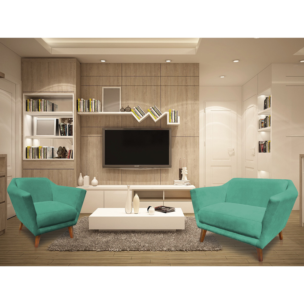 Kit 2 Poltronas e Namoradeira Pérsia Suede Azul Turquesa Pés Chanfrado Castanho - Pallazio
