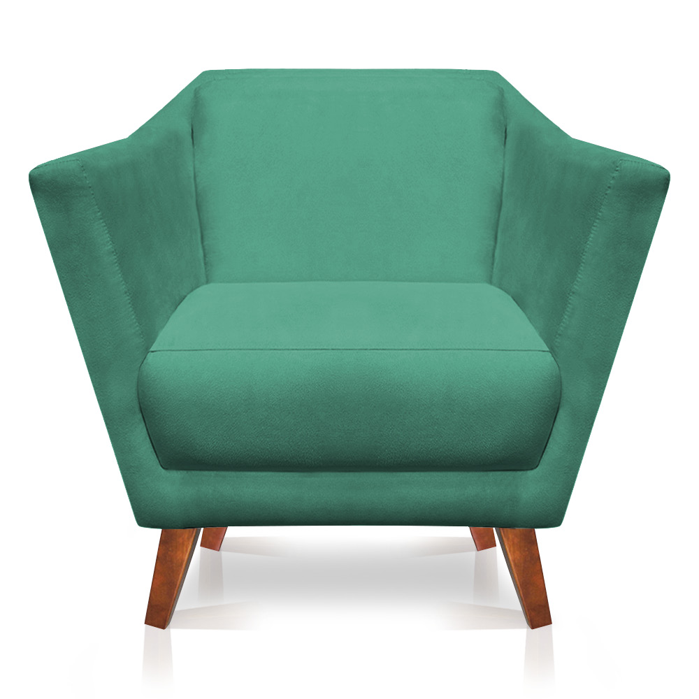 Kit 2 Poltronas e Namoradeira Pérsia Suede Azul Turquesa Pés Chanfrado Castanho - Pallazio