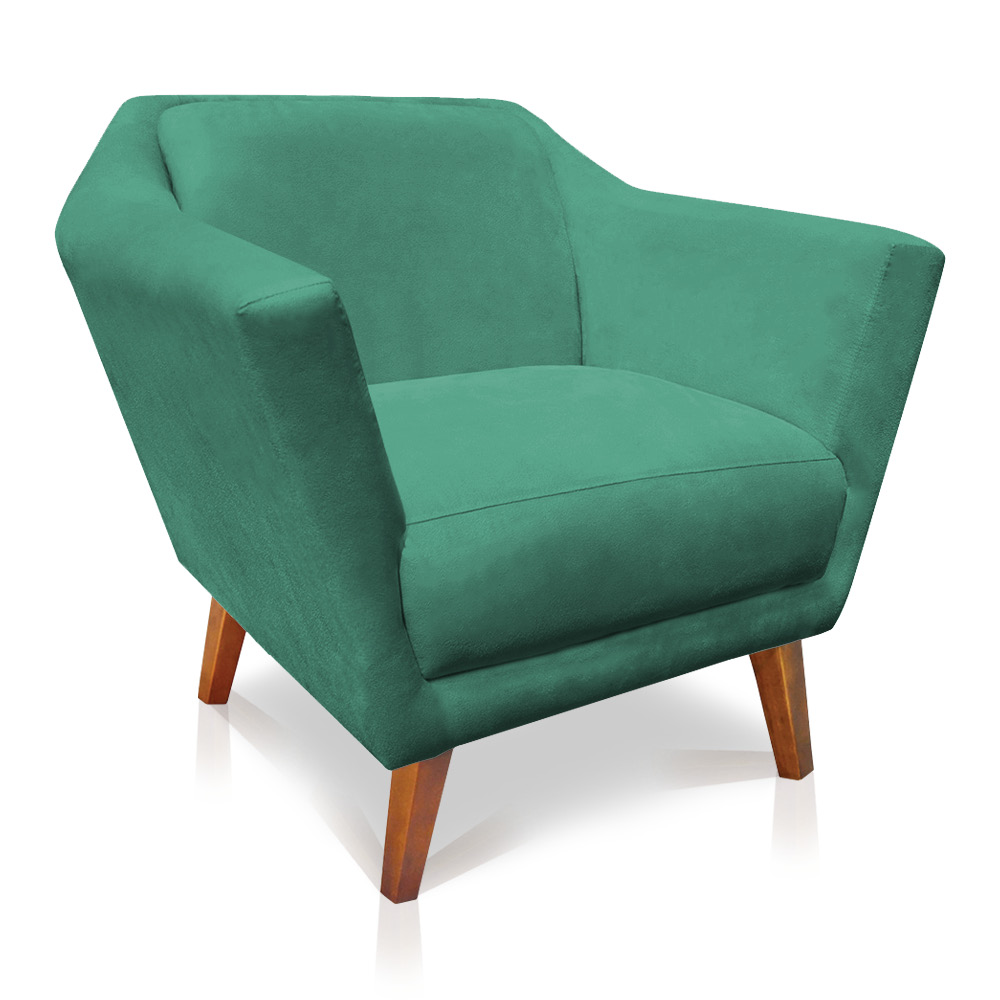 Kit 2 Poltronas e Namoradeira Pérsia Suede Azul Turquesa Pés Chanfrado Castanho - Pallazio